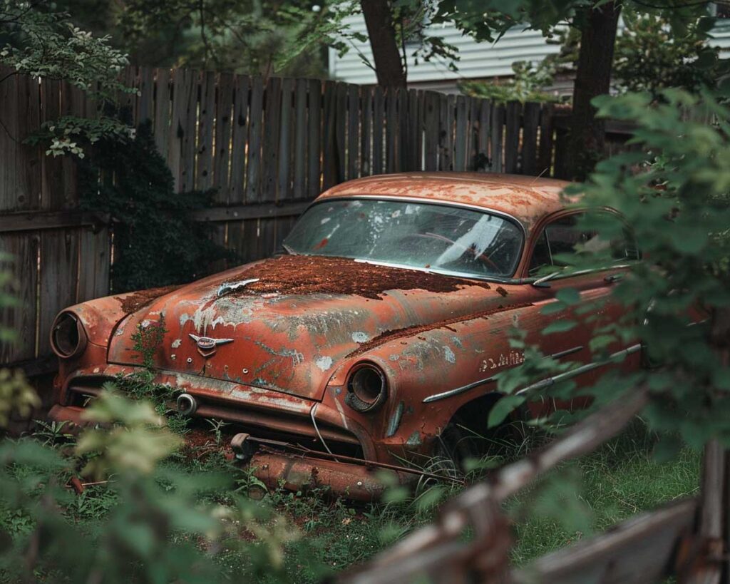 An abandoned junk car in a backyard, highlighting the benefits of selling unused vehicles instead of letting them sit idle.