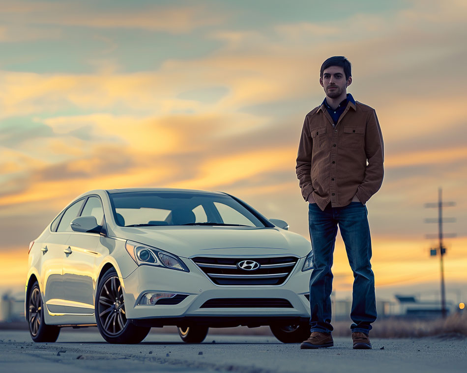 Man standing next to his old Hyundai Sonata, considering selling his junk car in Atlanta.